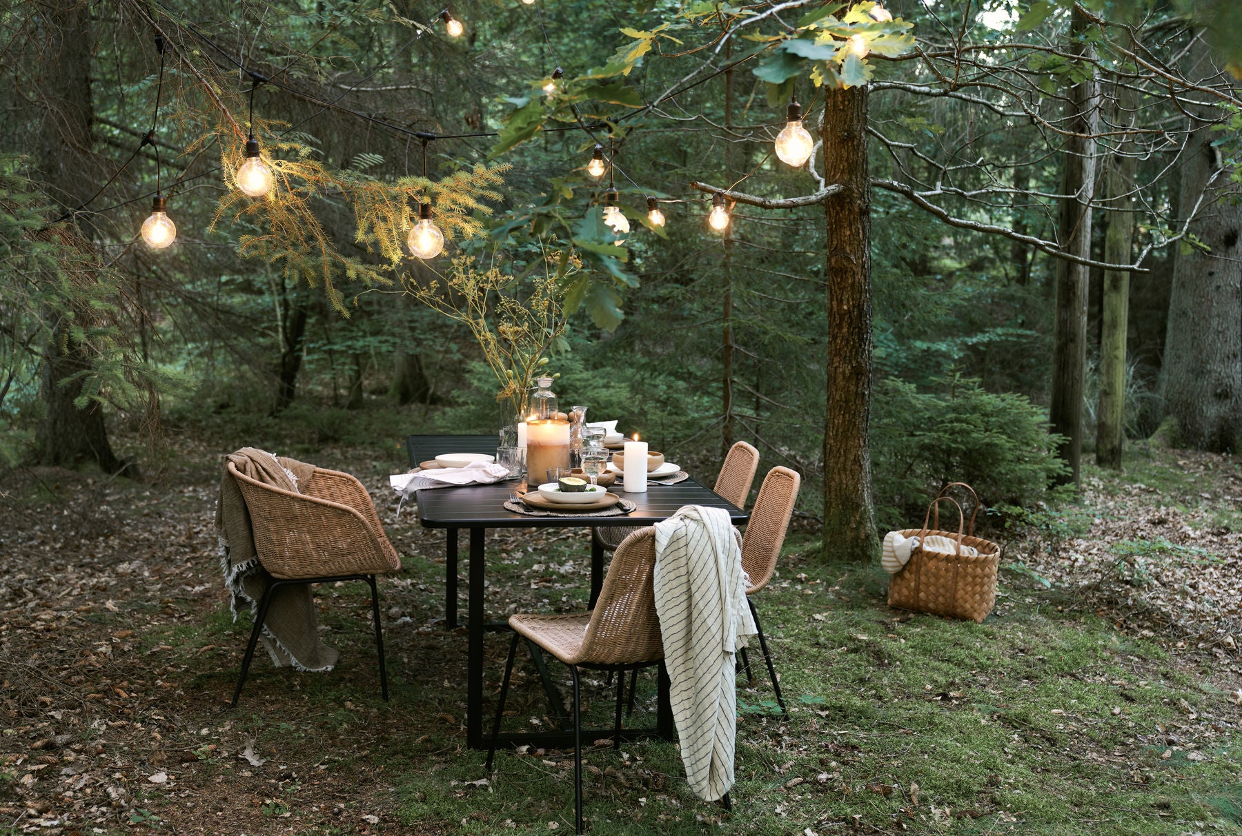Outdoor Möbel und Dekoration im Wald inszeniert